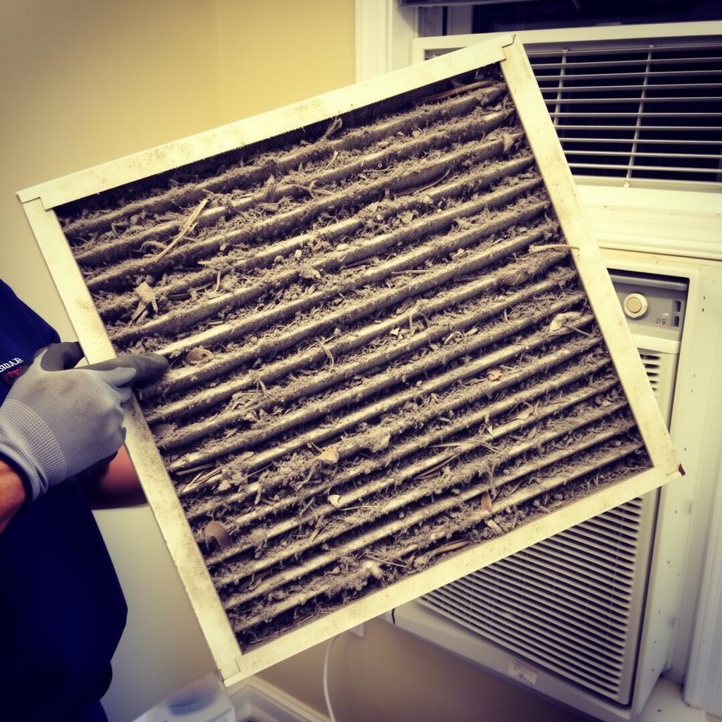 Clogged dirty air filter removed from a Castle Rock CO home AC system