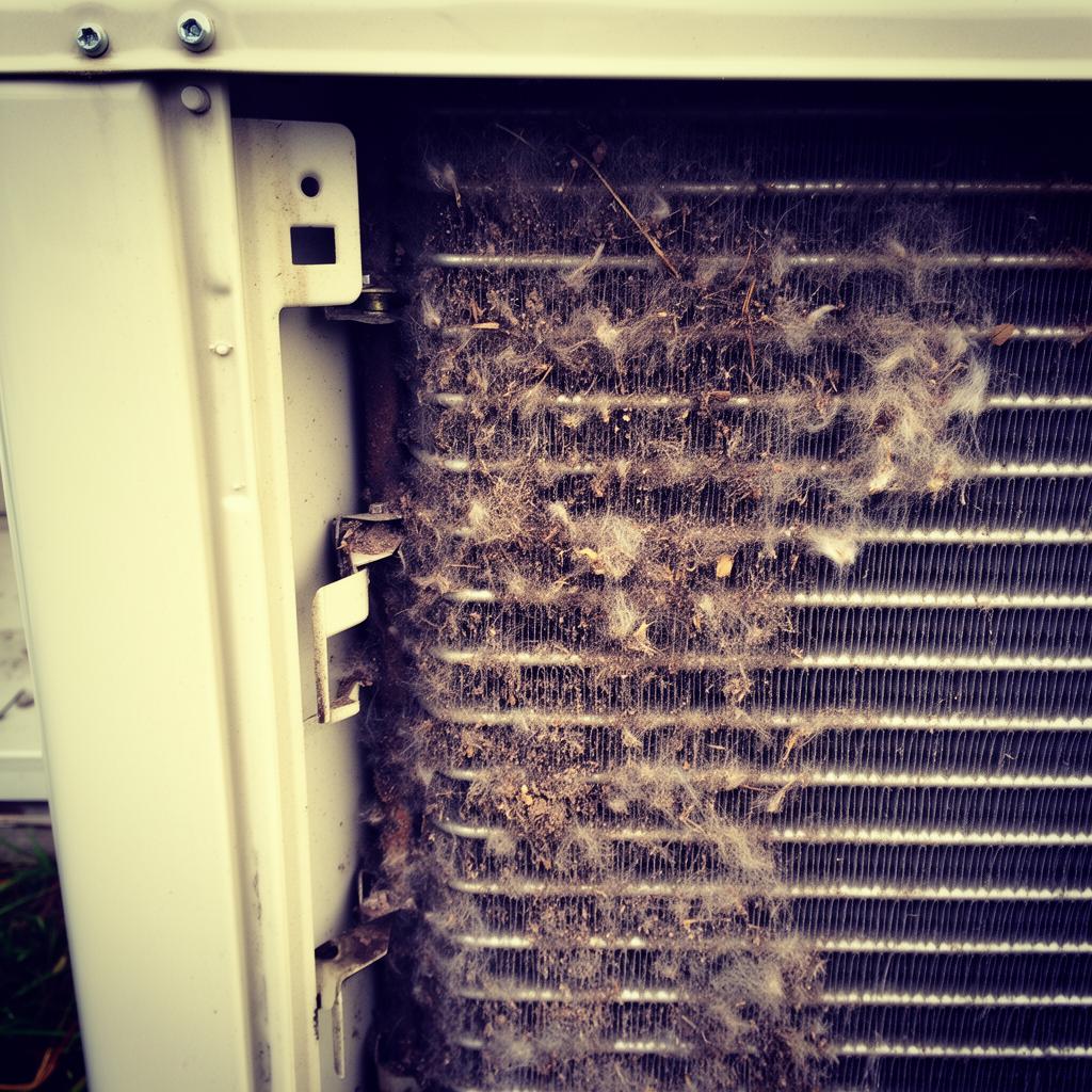 Dirty AC condenser coil clogged with cottonwood fluff in Castle Rock CO